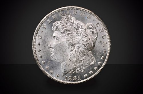 1881 CC Morgan Dollar Select BU Coin Against a Black Background