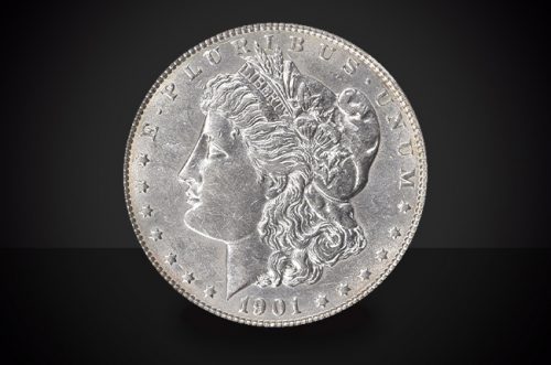1901 Morgan Dollar Choice Borderline Uncirculated Coin Against a Black Background